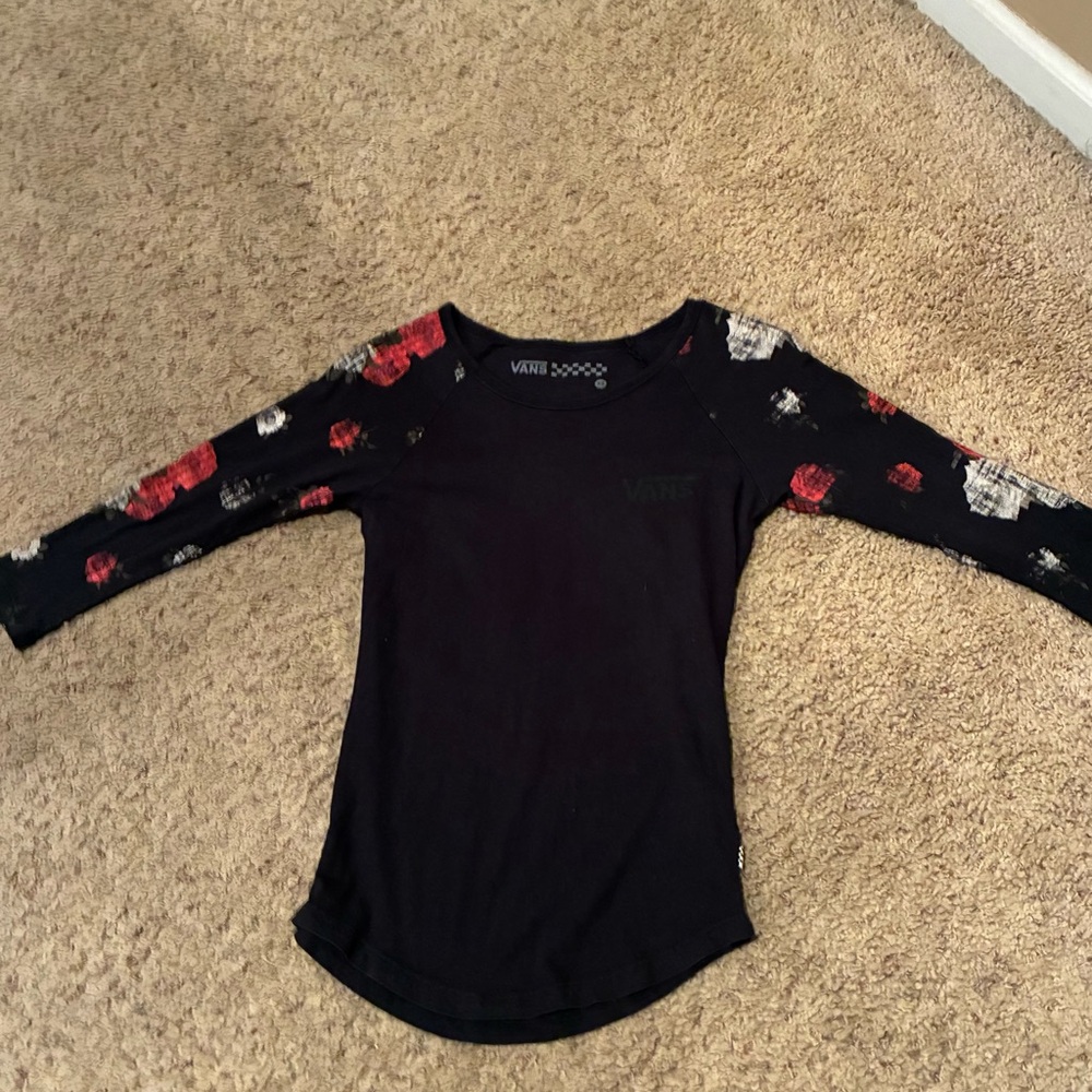 Vans Black Scoop Neck baseball tee with Red Floral Sleeves